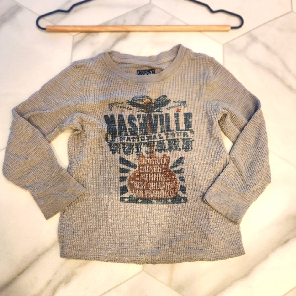 Boys Lucky brand size 4 gray waffle texture long sleeve shirt "Nashville guitar" - Picture 1 of 7